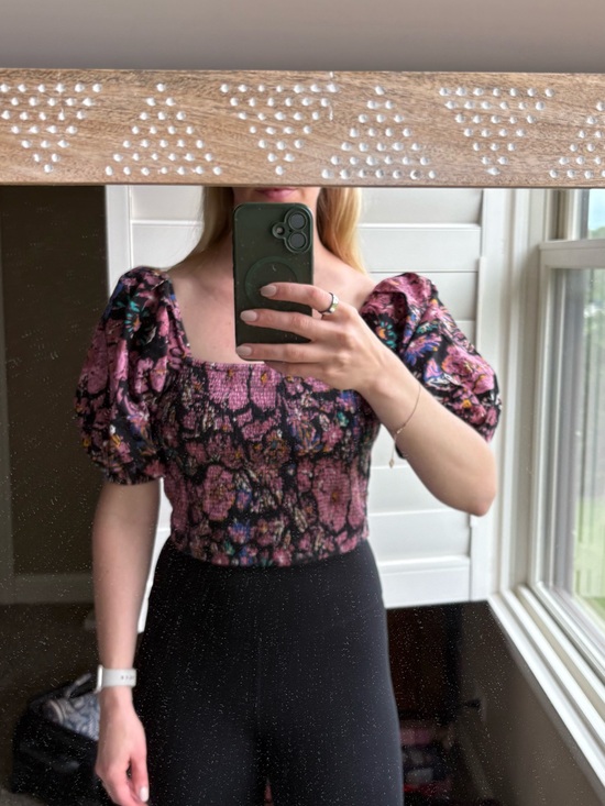 Cleobella Tops - Cleobella Pink and Black Floral Puff-Sleeve smocked GOTS organic cotton Crop Top